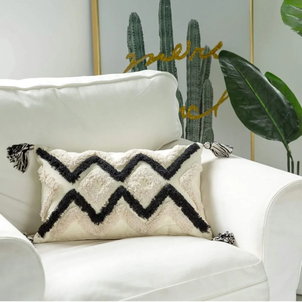 Luxury Home | Boho Chic Black & Cream Tufted Woven Tassel Lumbar Pillow Cover